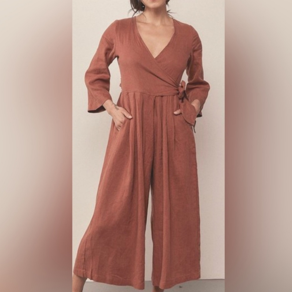 Sugar Candy Mountain Angela Linen Lagenlook Wrap Cropped Jumpsuit Size Medium